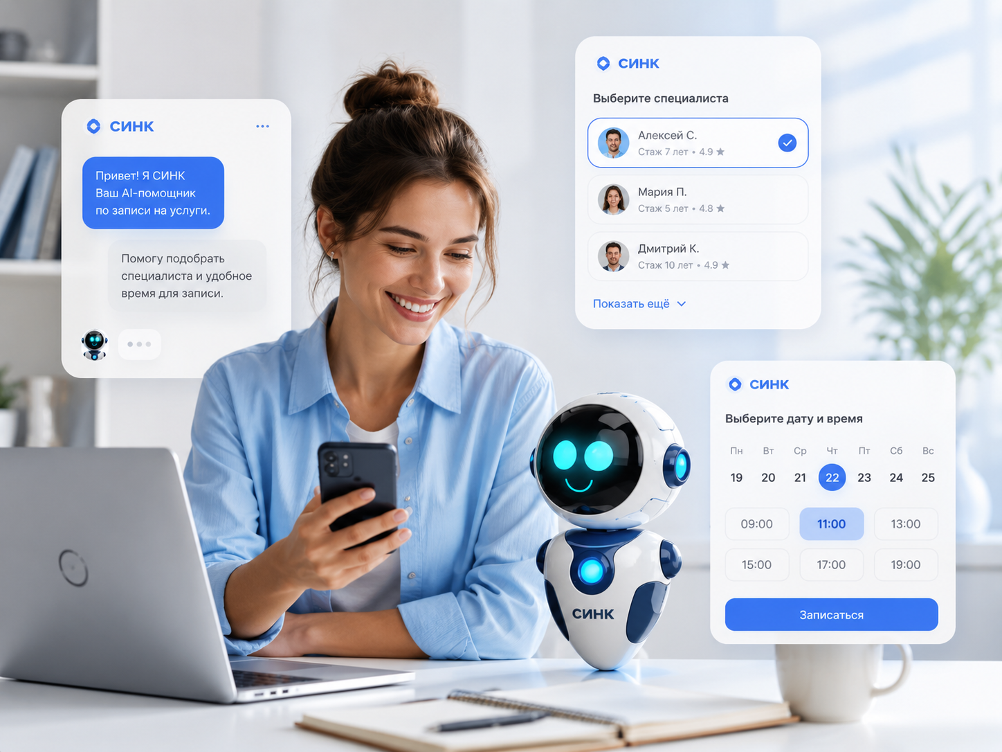 Клиент общается с AI-агентом СИНК и выбирает специалиста и время